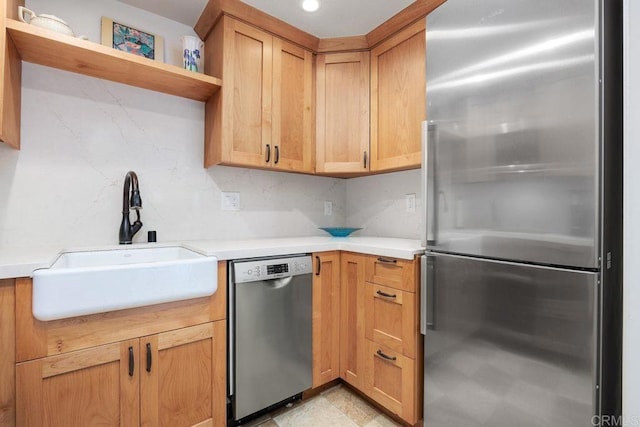 1560 Circa Del Lago Unit D204, San Marcos, CA 92078 - kitchen featuring stainless steel appliances, open shelves, light countertops, and recessed lighting