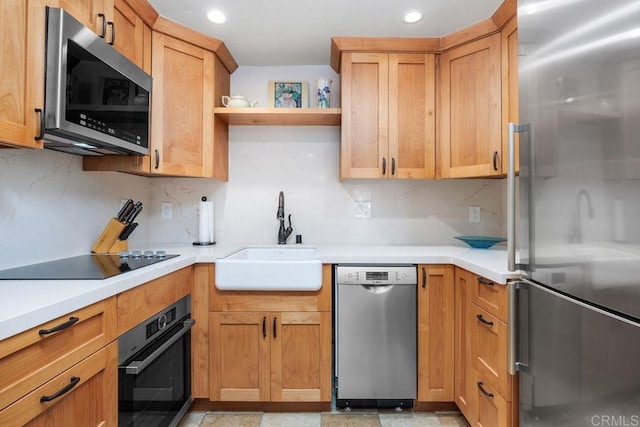 1560 Circa Del Lago Unit D204, San Marcos, CA 92078 - kitchen featuring stainless steel appliances, decorative backsplash, recessed lighting, light countertops, and open shelves
