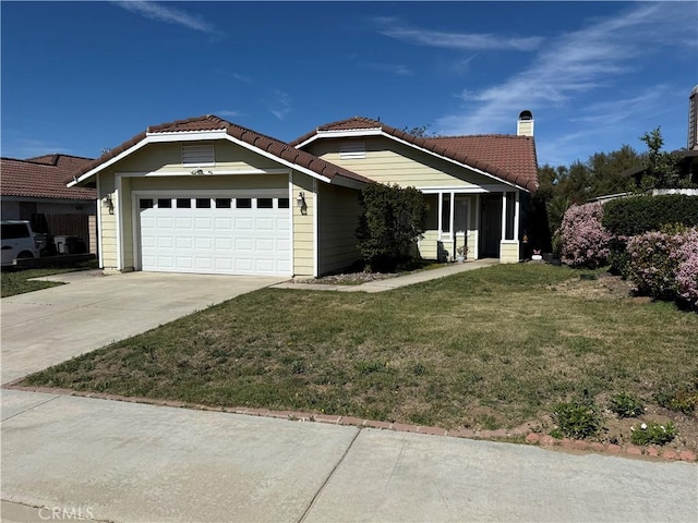 1767 Vasili Ln, Beaumont, CA 92223 - single story home with a tile roof, an attached garage, a front lawn, a chimney, and concrete driveway