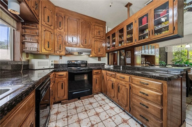 16374 35th Ave Unit 2, Clearlake, CA 95422 - kitchen with black appliances, under cabinet range hood, a peninsula, and brown cabinetry