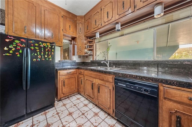 16374 35th Ave Unit 2, Clearlake, CA 95422 - kitchen featuring black appliances, brown cabinetry, and dark countertops