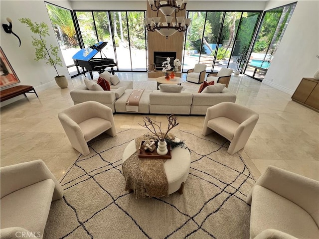 16815 Bajio Rd, Encino, CA 91436 - living area featuring a chandelier and a fireplace with raised hearth