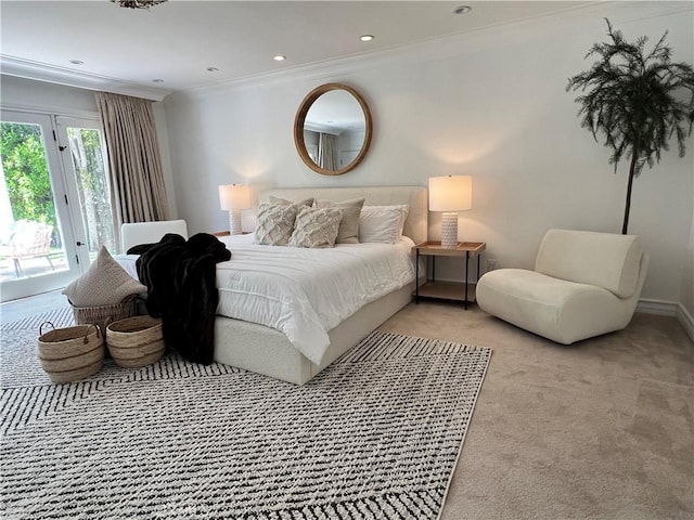16815 Bajio Rd, Encino, CA 91436 - bedroom featuring access to outside, ornamental molding, light colored carpet, and recessed lighting