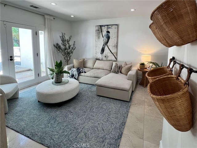 16815 Bajio Rd, Encino, CA 91436 - living room with recessed lighting, light marble finish flooring, and french doors