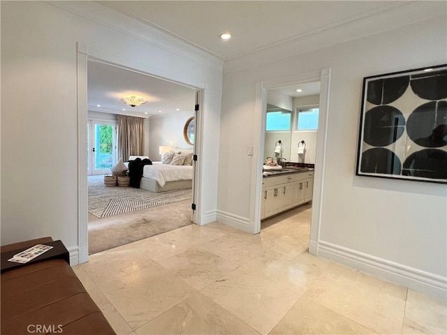16815 Bajio Rd, Encino, CA 91436 - corridor featuring crown molding and recessed lighting