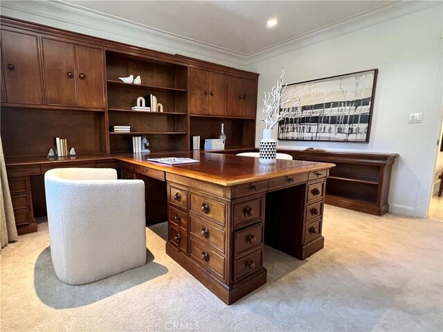 16815 Bajio Rd, Encino, CA 91436 - office area with built in study area, light carpet, and crown molding