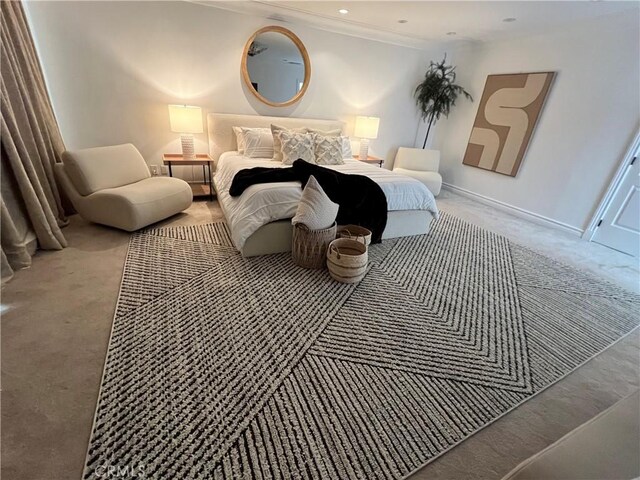 16815 Bajio Rd, Encino, CA 91436 - carpeted bedroom with crown molding and recessed lighting