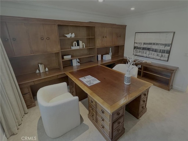16815 Bajio Rd, Encino, CA 91436 - home office featuring built in desk, crown molding, recessed lighting, and light carpet