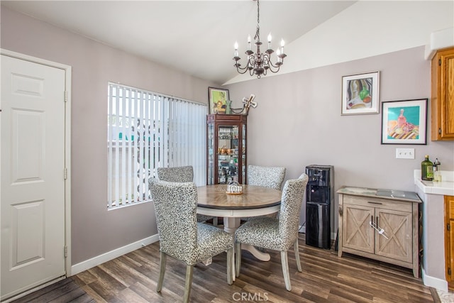 25545 Prospect Ave, Loma Linda, CA 92354 - dining area featuring vaulted ceiling, a chandelier, and dark wood-style flooring