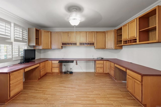 15696 Oakstand Rd, Poway, CA 92064 - unfurnished office featuring built in desk, light wood-style flooring, and ornamental molding
