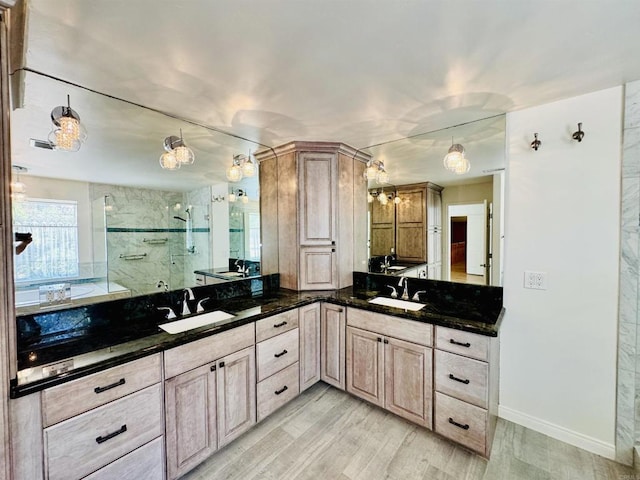 15696 Oakstand Rd, Poway, CA 92064 - bathroom featuring a marble finish shower, double vanity, wood finished floors, and a tub