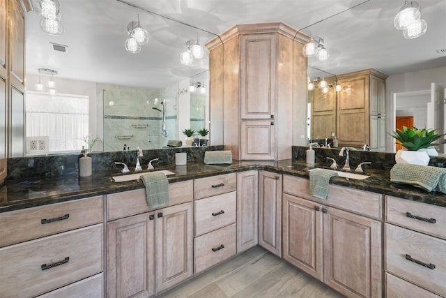 15696 Oakstand Rd, Poway, CA 92064 - full bathroom with a stall shower, double vanity, and wood finished floors