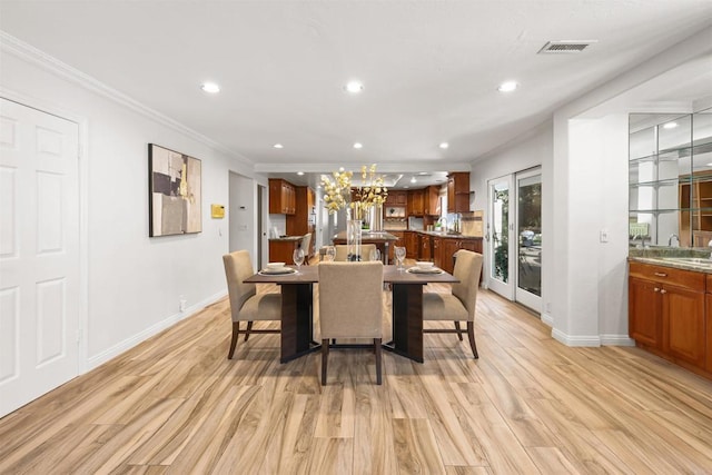 15696 Oakstand Rd, Poway, CA 92064 - dining room featuring recessed lighting, light wood-style flooring, ornamental molding, and a chandelier