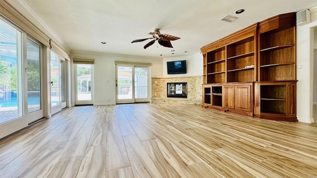 15696 Oakstand Rd, Poway, CA 92064 - unfurnished living room with crown molding, ceiling fan, light wood-style floors, a glass covered fireplace, and recessed lighting