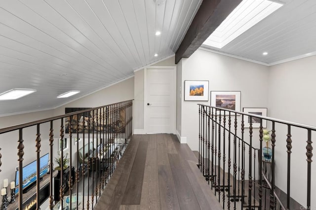 7133 Linden, Carlsbad, CA 92011 - hall featuring hardwood / wood-style floors, an upstairs landing, lofted ceiling, recessed lighting, and crown molding