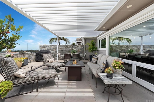 7133 Linden, Carlsbad, CA 92011 - view of patio / terrace with grilling area, an outdoor living space with a fire pit, and a pergola