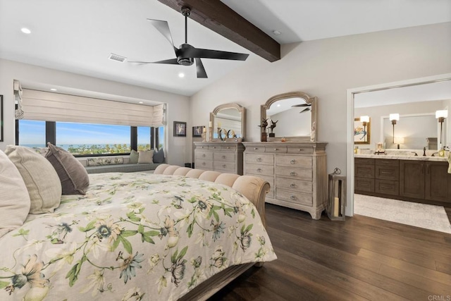 7133 Linden, Carlsbad, CA 92011 - bedroom with dark wood-style floors, recessed lighting, ensuite bathroom, and a ceiling fan