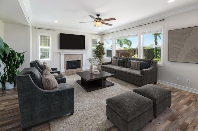 33740 Sattui St, Temecula, CA 92592 - living area featuring wood finished floors, healthy amount of natural light, ceiling fan, crown molding, and a high end fireplace