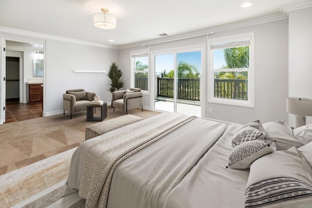 33740 Sattui St, Temecula, CA 92592 - bedroom with access to exterior, ornamental molding, carpet flooring, ensuite bath, and recessed lighting