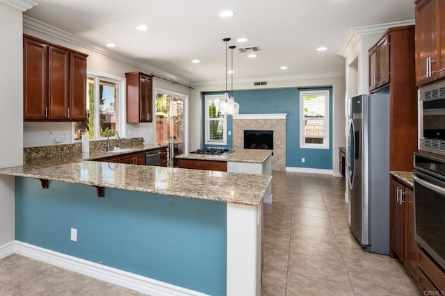 33740 Sattui St, Temecula, CA 92592 - kitchen with stainless steel appliances, a peninsula, light stone countertops, a premium fireplace, and crown molding
