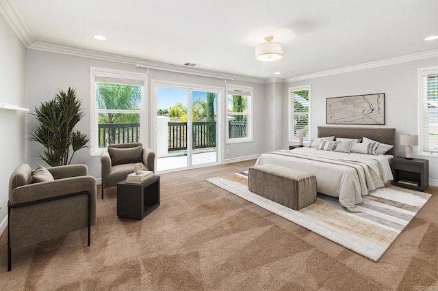 33740 Sattui St, Temecula, CA 92592 - carpeted bedroom with access to exterior, ornamental molding, multiple windows, and recessed lighting