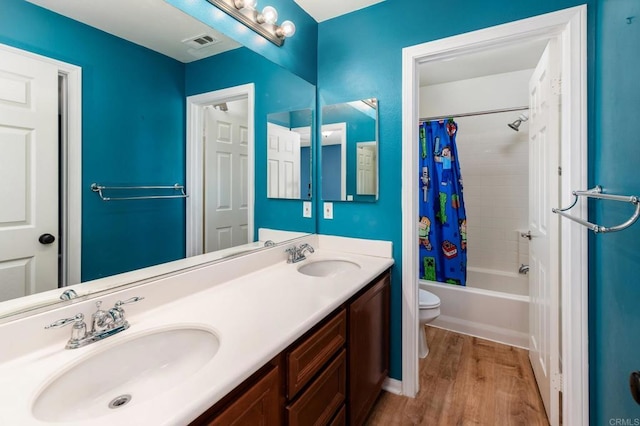33740 Sattui St, Temecula, CA 92592 - bathroom with double vanity, wood finished floors, and shower / bath combination with curtain