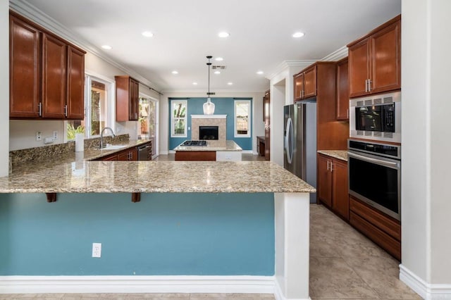 33740 Sattui St, Temecula, CA 92592 - kitchen featuring appliances with stainless steel finishes, crown molding, a peninsula, plenty of natural light, and a fireplace with raised hearth
