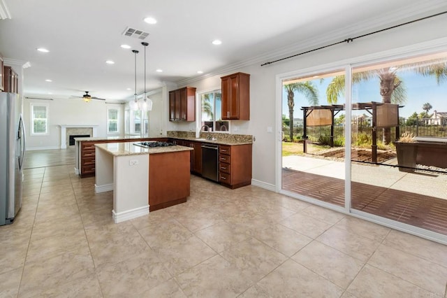 33740 Sattui St, Temecula, CA 92592 - kitchen featuring stainless steel appliances, recessed lighting, ceiling fan, open floor plan, and crown molding