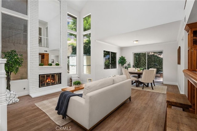 34 Carmel Ct, Laguna Beach, CA 92651 - living area featuring high vaulted ceiling, wood finished floors, and a fireplace
