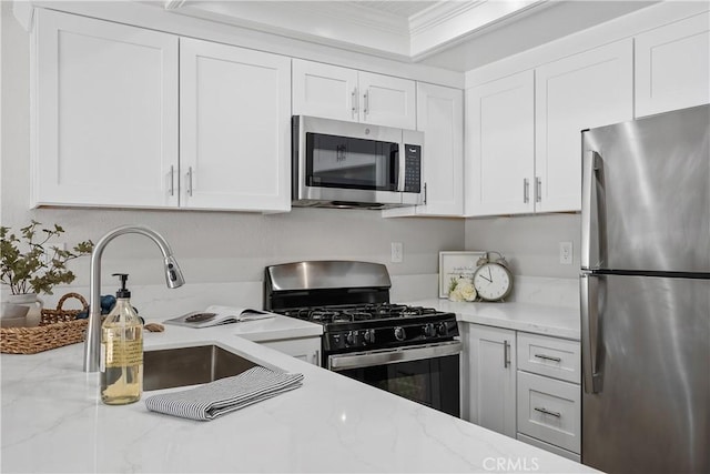 34 Carmel Ct, Laguna Beach, CA 92651 - kitchen featuring stainless steel appliances, ornamental molding, white cabinets, light stone countertops, and a raised ceiling