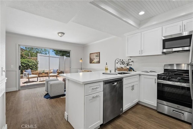 34 Carmel Ct, Laguna Beach, CA 92651 - kitchen with stainless steel appliances, a peninsula, ornamental molding, light countertops, and dark wood-style floors