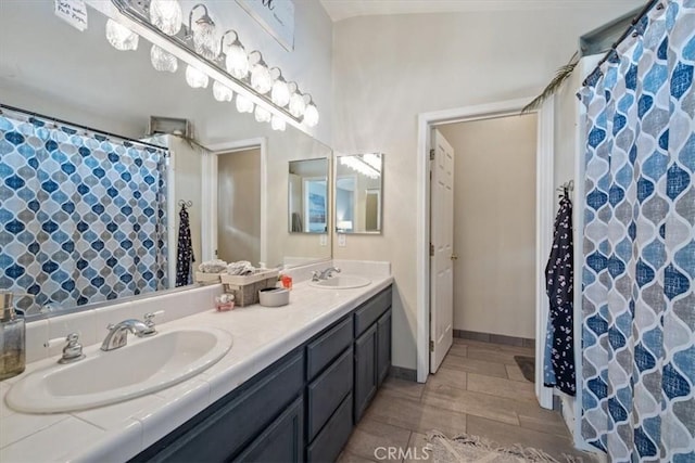 935 Running Stag Way, Paso Robles, CA 93446 - full bath with double vanity, wood tiled floors, and a shower with curtain