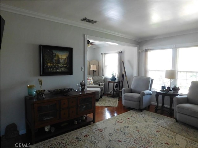 620 N La Sena Ave, West Covina, CA 91790 - living area with ornamental molding, wood finished floors, and ceiling fan