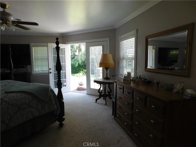 620 N La Sena Ave, West Covina, CA 91790 - bedroom featuring access to outside, light colored carpet, multiple windows, and crown molding