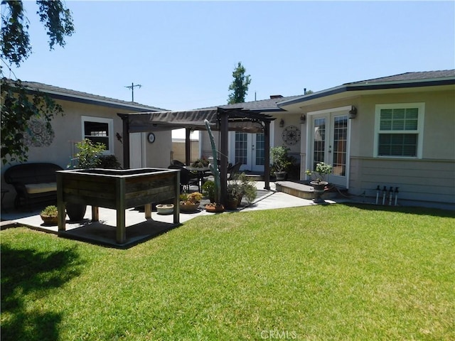620 N La Sena Ave, West Covina, CA 91790 - rear view of house with french doors, a pergola, a yard, stucco siding, and a patio