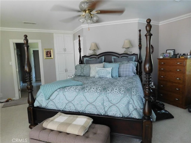 620 N La Sena Ave, West Covina, CA 91790 - carpeted bedroom with ornamental molding, a closet, and a ceiling fan