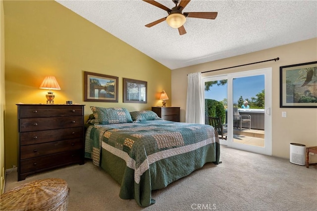 42244 Cosmic Dr, Temecula, CA 92592 - carpeted bedroom featuring vaulted ceiling, a textured ceiling, access to exterior, and ceiling fan