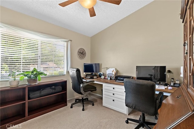 42244 Cosmic Dr, Temecula, CA 92592 - office featuring a ceiling fan, vaulted ceiling, a textured ceiling, and light carpet