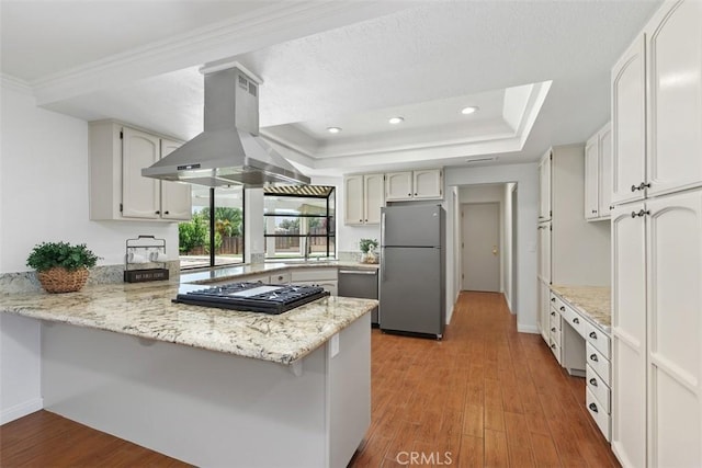 21285 Shoemaker Ln, Wildomar, CA 92595 - kitchen featuring appliances with stainless steel finishes, island range hood, a peninsula, wood finished floors, and a raised ceiling