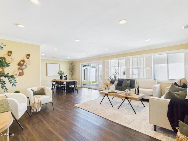 2025 N Chouteau St, Orange, CA 92865 - living area featuring ornamental molding, dark wood finished floors, and recessed lighting