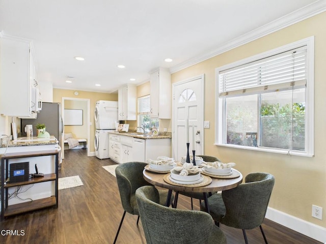 2025 N Chouteau St, Orange, CA 92865 - dining area featuring stacked washer / drying machine, crown molding, dark wood-type flooring, and recessed lighting