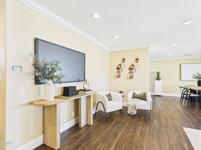 2025 N Chouteau St, Orange, CA 92865 - living room with crown molding, dark wood-style floors, and recessed lighting