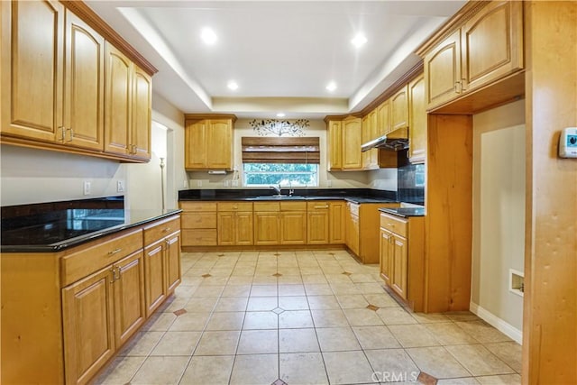 1129 Walnut Grove Ave, Rosemead, CA 91770 - kitchen with a tray ceiling, under cabinet range hood, recessed lighting, and light tile patterned floors
