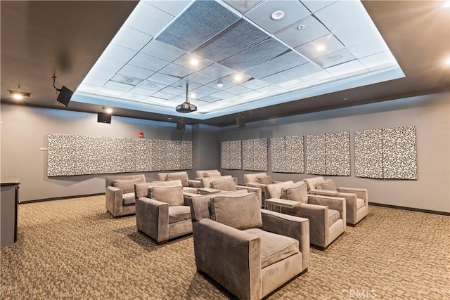 1100 Wilshire Blvd Unit 1707, Los Angeles, CA 90017 - home theater room with carpet, a tray ceiling, and a paneled ceiling