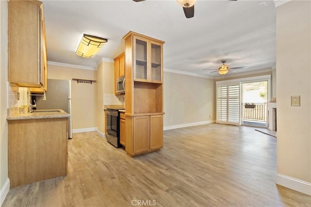 1710 S El Camino Real Unit E204, Encinitas, CA 92024 - kitchen with ceiling fan, appliances with stainless steel finishes, crown molding, light wood-type flooring, and light countertops