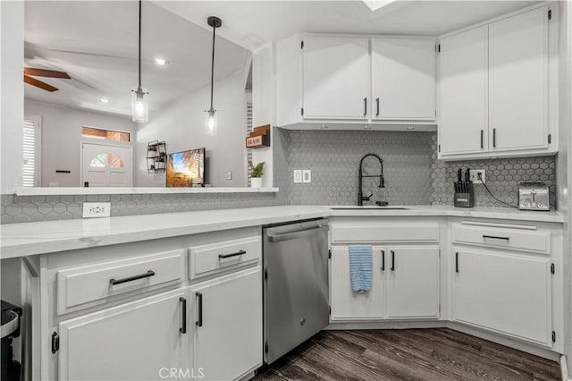 5722 E Stillwater Ave Unit 104, Orange, CA 92869 - kitchen with stainless steel dishwasher, white cabinetry, ceiling fan, dark wood-style flooring, and recessed lighting