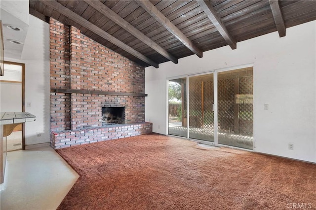 19215 Hupa Rd, Apple Valley, CA 92307 - unfurnished living room with wood ceiling, a brick fireplace, and carpet floors
