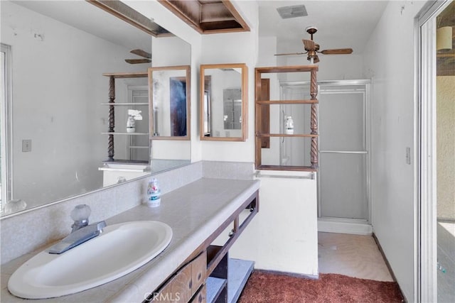 19215 Hupa Rd, Apple Valley, CA 92307 - full bath with ceiling fan, vanity, and a shower stall