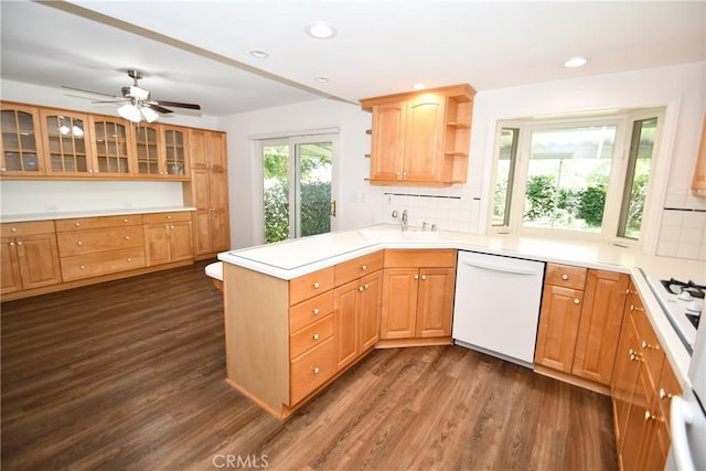 23814 Walnut St, Torrance, CA 90501 - kitchen with white dishwasher, a peninsula, dark wood-style floors, open shelves, and tasteful backsplash