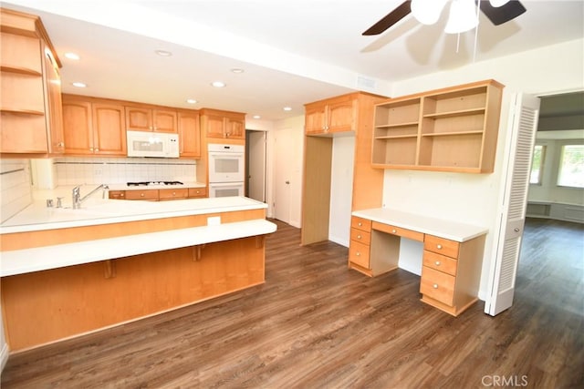 23814 Walnut St, Torrance, CA 90501 - kitchen with open shelves, white appliances, dark wood finished floors, a peninsula, and a ceiling fan